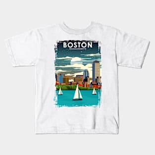 Boston at Night City Skyline Travel Poster Kids T-Shirt